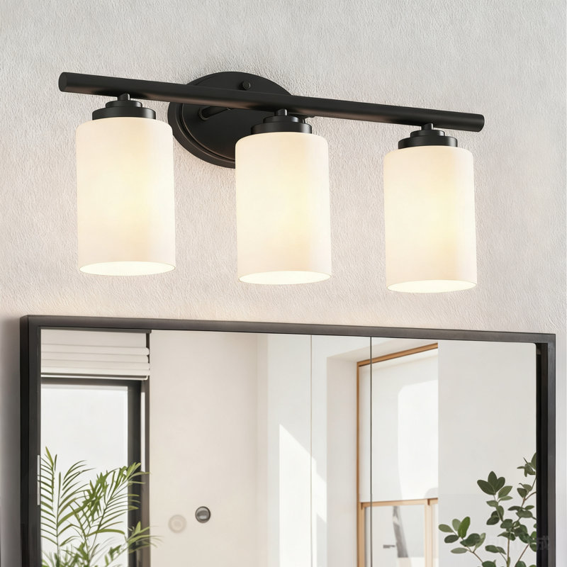 3-Light Dimmable Bathroom Vanity Light, Modern Light Fixtures with White Frosted Glass Shades (3 ST19 Bulbs Included), Black