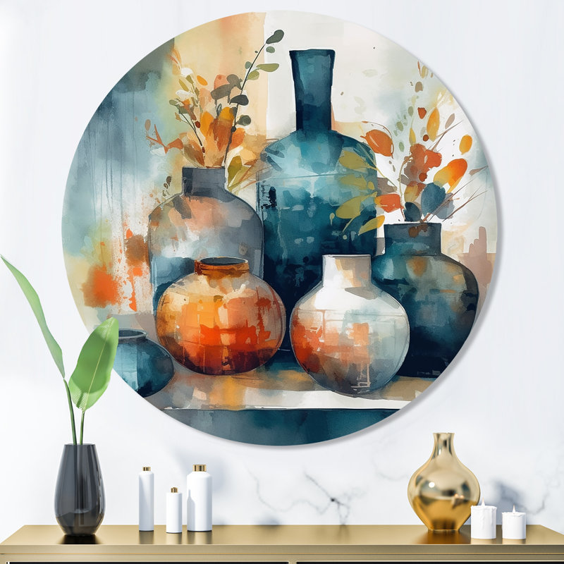 Art mural bohème bleu et orange artisanal Boho Pottery, H 36 po x l 36 po x P 1 po