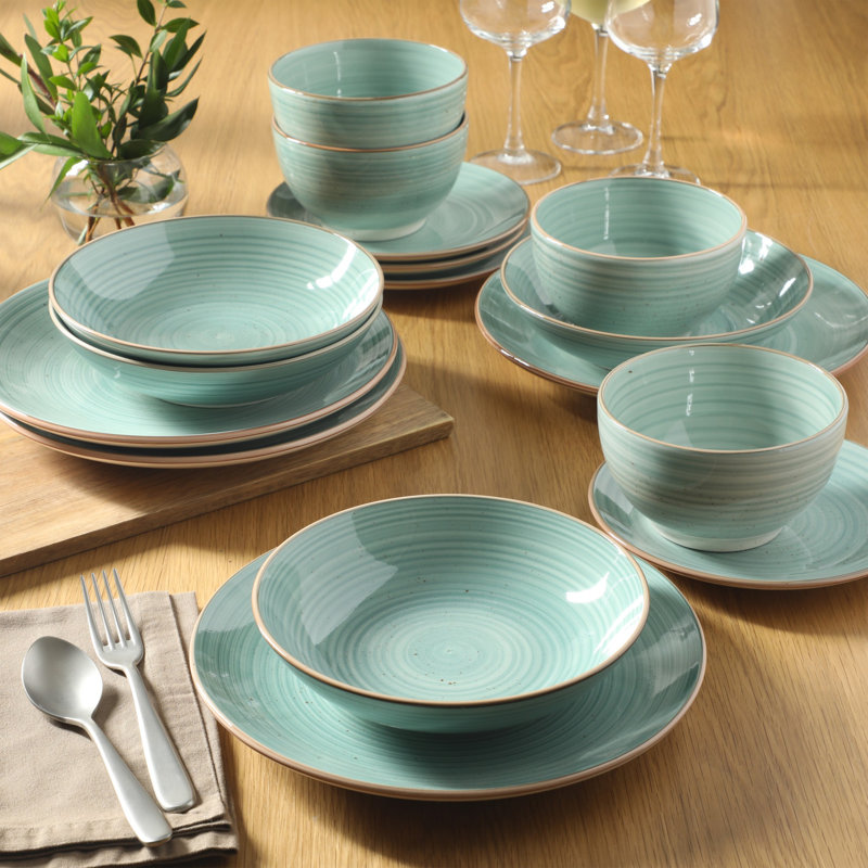  16 assiettes et bols Stonebury - Service de vaisselle en grès peint à la main - Service pour 4, Sarcelle