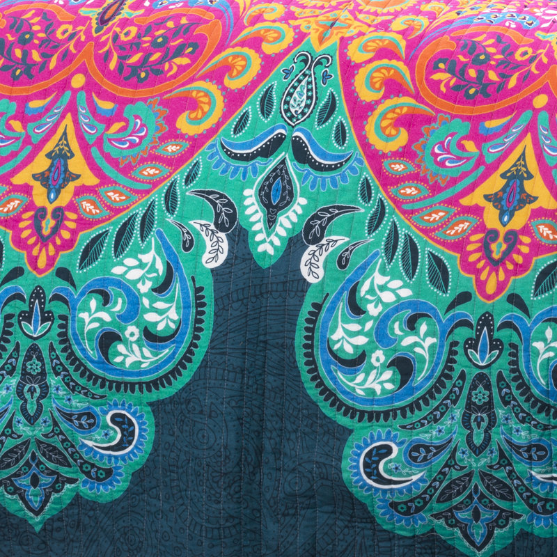 Turquoise and Navy Cotton Reversible Full Quilt Set