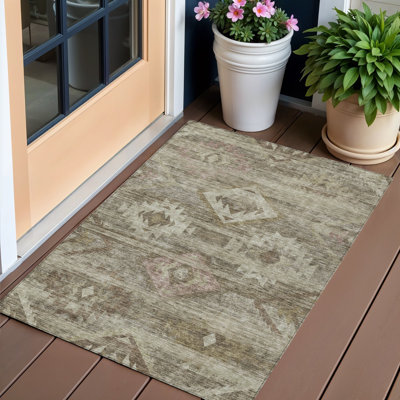 3' X 5' Beige Southwestern Washable Indoor Outdoor Area Rug