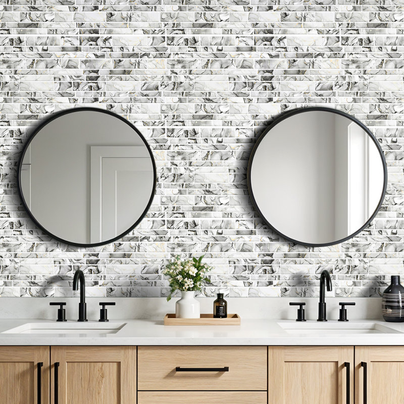 20Pcs Self-Adhesive Wall Tile Stickers with Marble Effect, White/Black