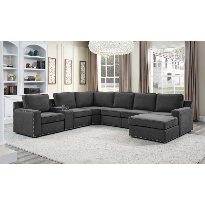 Canapé modulaire réversible de coin de 128 po avec repose-pieds Akshada, Mélange de polyester gris foncé