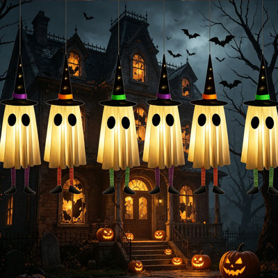 Set of 6 Halloween Hanging Ghosts，Halloween Decorations Outdoor Hanging Ghosts with Witch Hat,Glowing Ghost Witch Hat Lights for Party Wall Yard Tree Porch Home Lawn,Battery-Powered,Battery Is Not Included