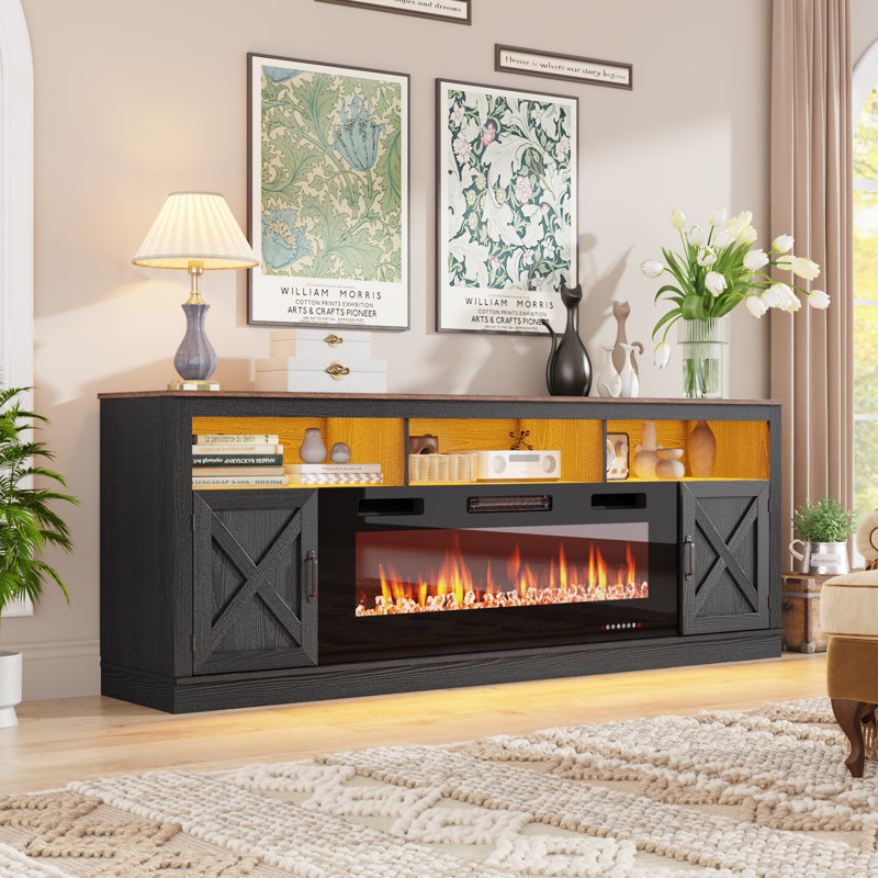 Farmhouse Fireplace Tv Stand For 95 Inch TV With 50”Electric Fireplace & LED Light, 83”Media Console With Barn Door Cabinet For Living Room