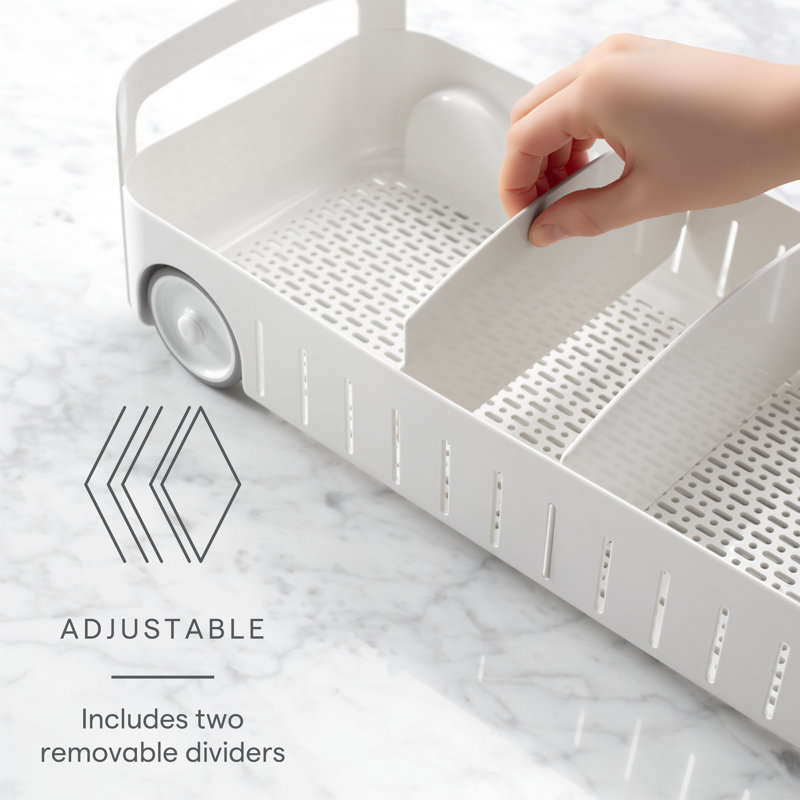 White Rolling Storage Bin with Adjustable Dividers and Basket