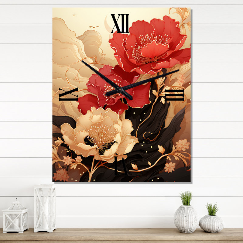 Horloge murale rouge - Chrysanthemums rouges sur branche, Grand