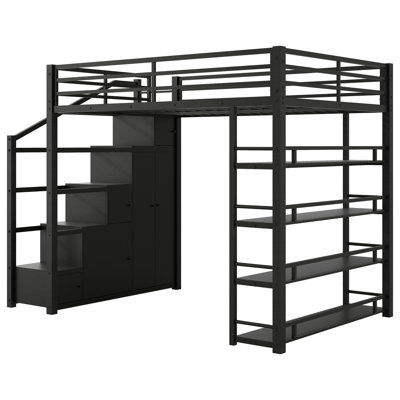 Full Size Black Metal Loft Bed with Storage Shelves, Wardrobe, Cabinets & Staircase, Space Saving Design