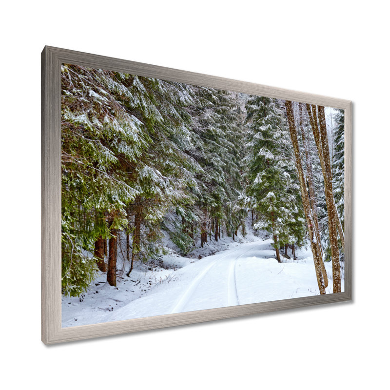 «Winter Forest», reproduction d'art sur toile, route enneigée dans la forêt, H 30 po x l 40 po, Avec cadre, Argent