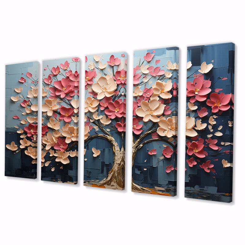 Ensemble de 5 décorations murales dynamiques à motif de pétales blancs et roses, H 32 po x l 80 po