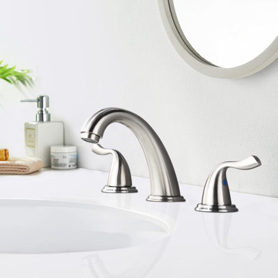 Bathroom Sink Faucet 8-Inch Brushed Nickel - 3 Holes 2 Handles, Solid Brass Made, To Corrosion, Quiet Aerated Stream With Drain 8" Widespread In Hole Mount, Brass, Corrosion , Aerator For Flow