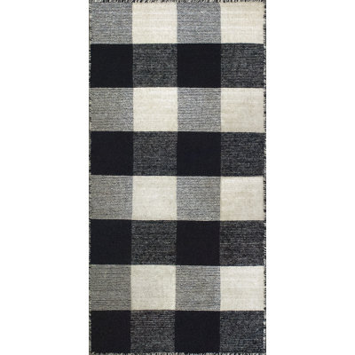 Tapis noir / ivoire en laine / coton tissé à la main Pickering