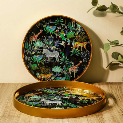 Akasya 2 piece Glass Decoration Tray for Living Room Decor, Agate Design Round Plastic Serving Tray