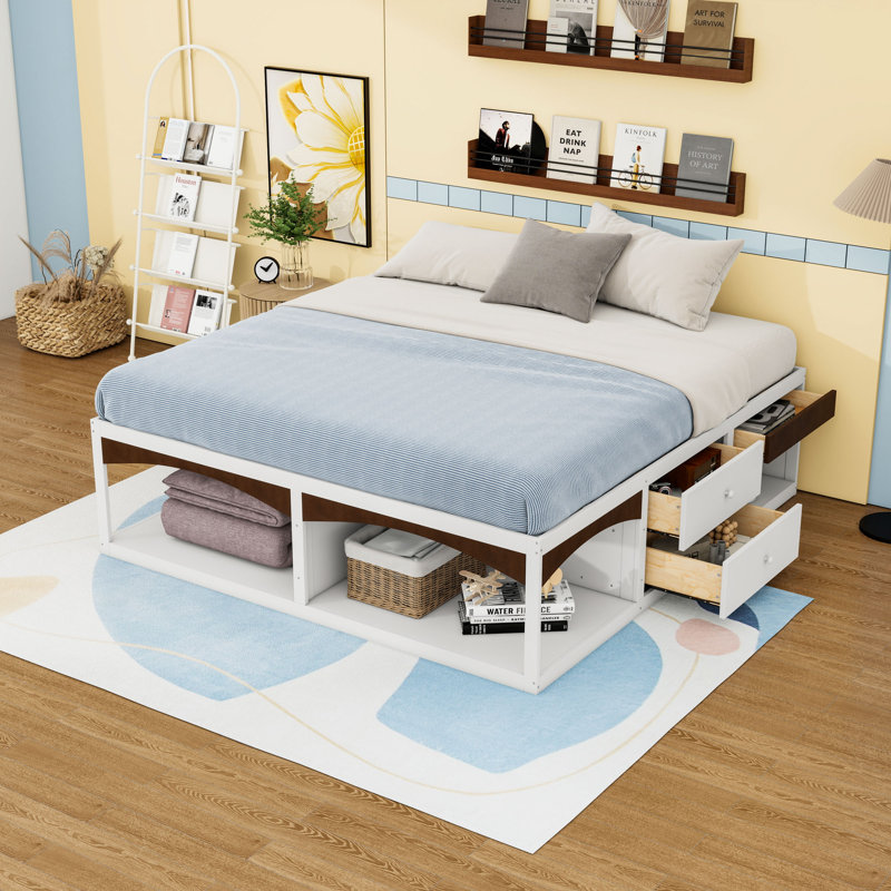 Structure de lit plateforme avec 6 tiroirs de rangement, Blanc