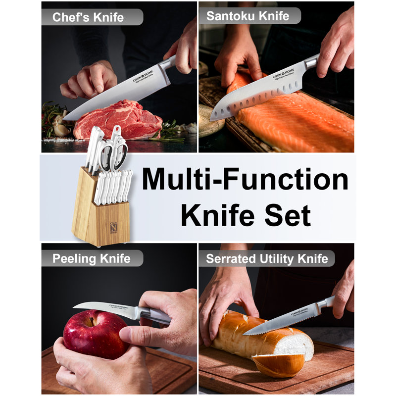 White 15-Piece Kitchen Knife Set with Bamboo Block