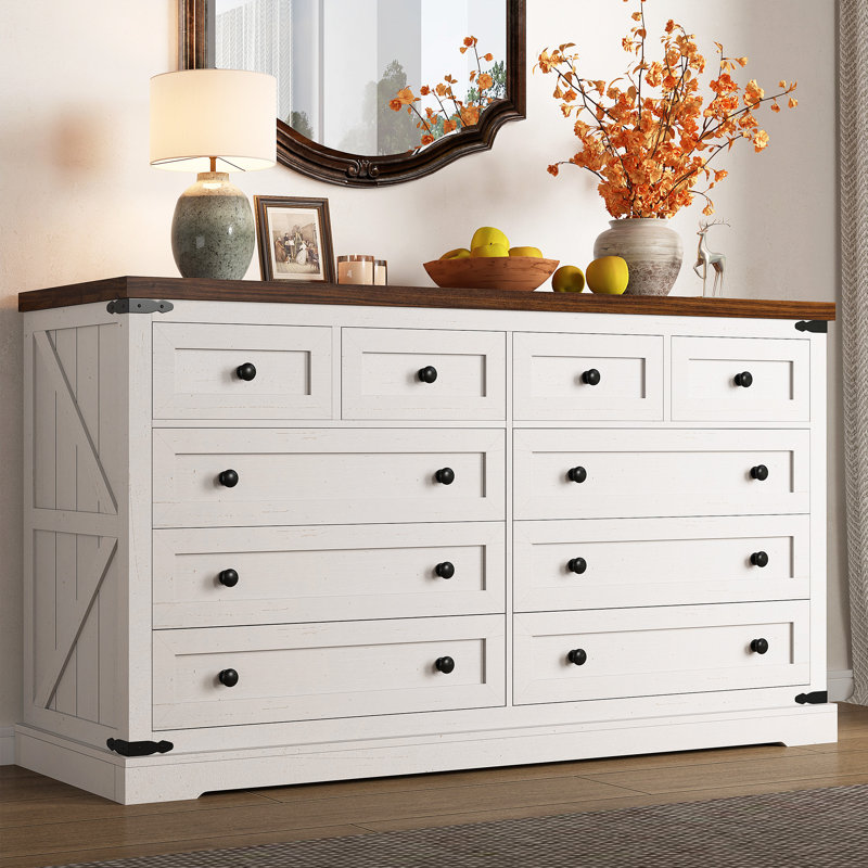 Commode double 10 tiroirs Farmhouse, Blanc / Brun