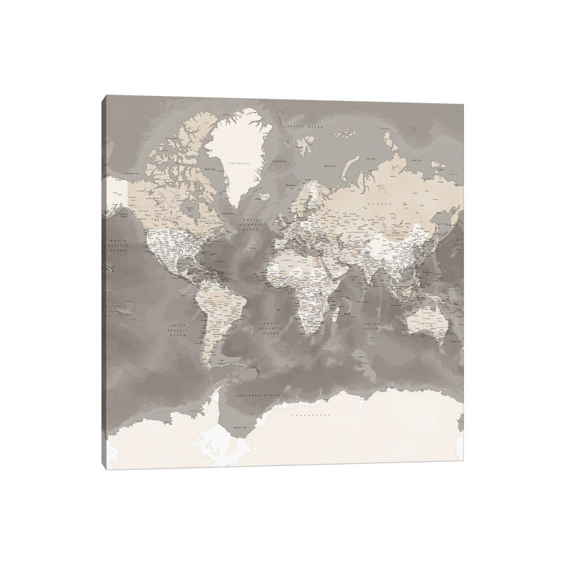 Detailed Brown World Map With Antarctica, Davey by Blursbyai - No Frame Gallery-Wrapped Canvas Giclée on Canvas