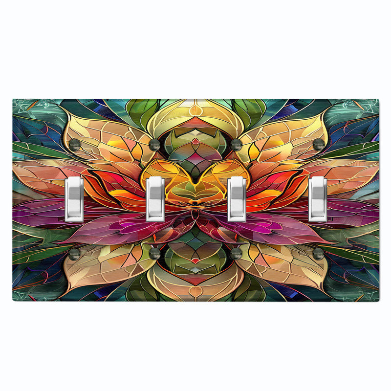Couvercle de plaque d'interrupteur en métal; Bascule à 4 bandes US standard - image imprimée d'un mandala floral en vitrail