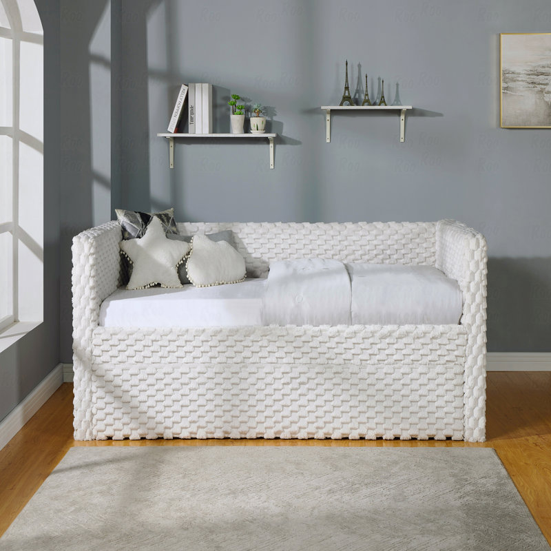1Pc Modern Daybed Armrest Pull Out Trundle Bedroom Living Room Furniture White Dove Textured Finish Furniture, Antique White