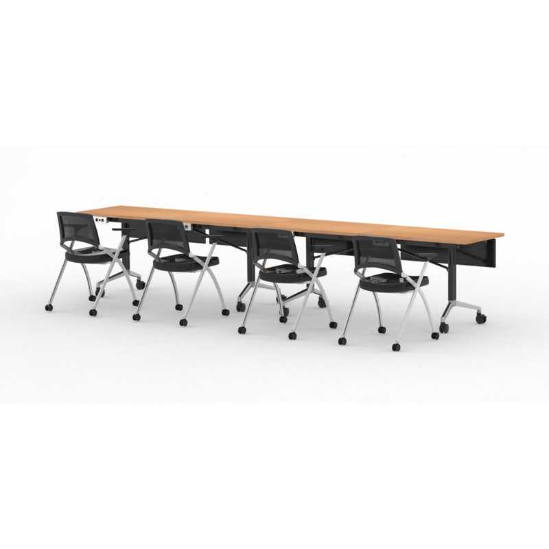 Les tables de formation pliables pour 4 personnes, extra longues pour les colloques et les conférences avec plateau épais, couleur hêtre, pieds pliables et boîtes électriques intégrées comprennent des chaises de travail gigognes pliables.
