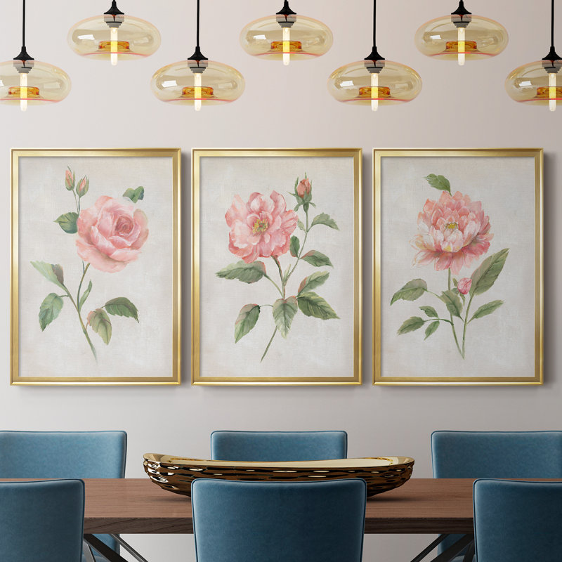 Grandiflora I - Ensemble de 3 reproductions d'art, H 26,5 po x l 109,5 po x P 1,5 po, Toile encadrée dorée