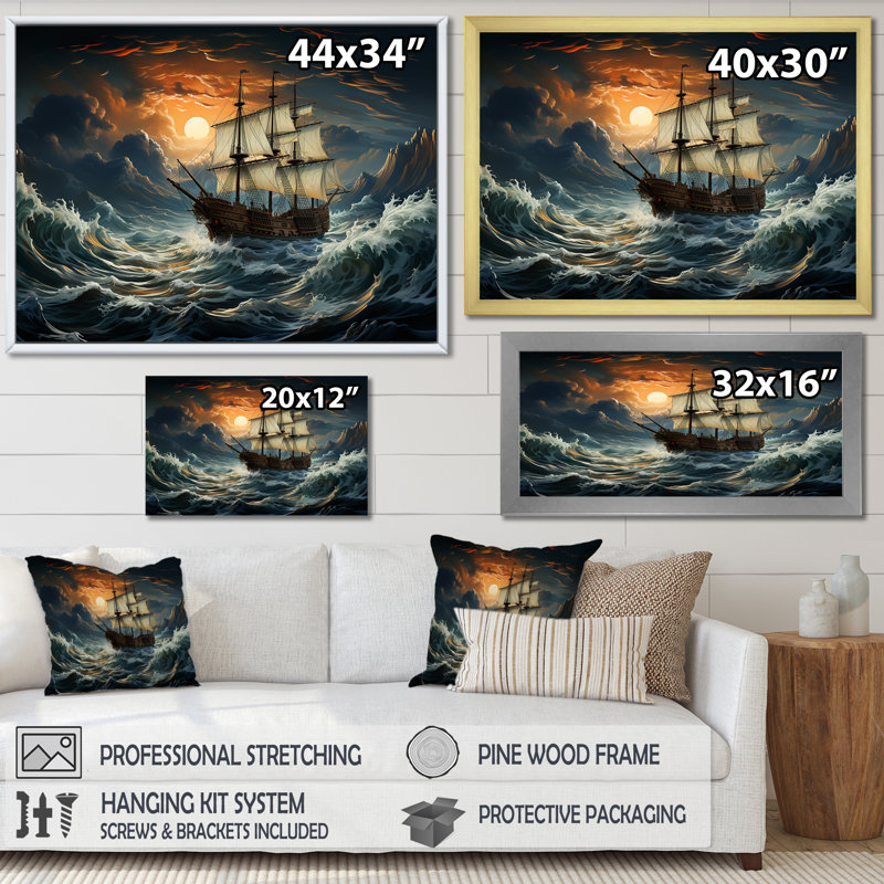 «Pirate Ship Legacy II», art mural pirate, Cadre flottant brun, H 16 po x l 32 po x P 1 po