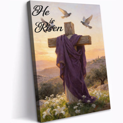 Large He is Risen Canvas Wall Art, Christian Wall Decor Poster, Easter Cross and Lily Picture Canvas Prints, Religious Art Wall Decor, Ready to Hang Painting for Christian Home Decor Bedroom, 28×40 Inches