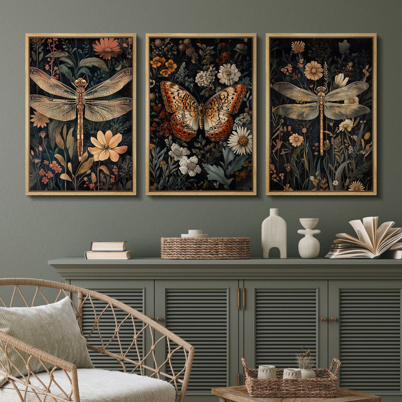 Ensemble de 3 reproductions d'art sur toile d'insectes et de fleurs rétro - Décoration de jardin papillon et libellule pour un intérieur inspiré de la nature
