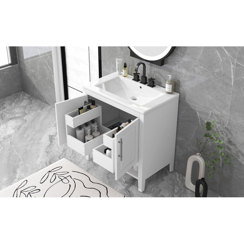 30" Bathroom Vanity With Sink, Bathroom Cabinet With Doors And Drawers, Solid Frame And MDF Board