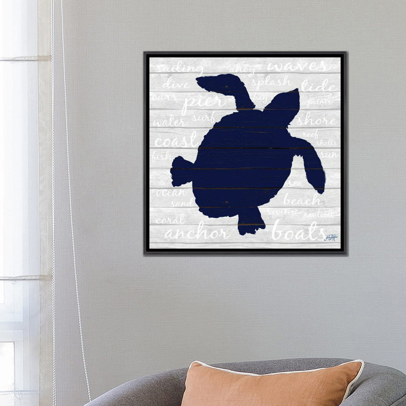 «Indigo Turtle» par Julie Derice - reproduction imprimée, H 26 po x l 26 po x P 1,5 po, Toile encadrée noir délavé, Aucun mat