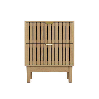 Mid-Modern Style Oak Bedside Table With Grille Design And Two Drawers. Suitable For Bedrooms, Hallways, And Living Rooms. Wooden Side Table, Two-Piece Set