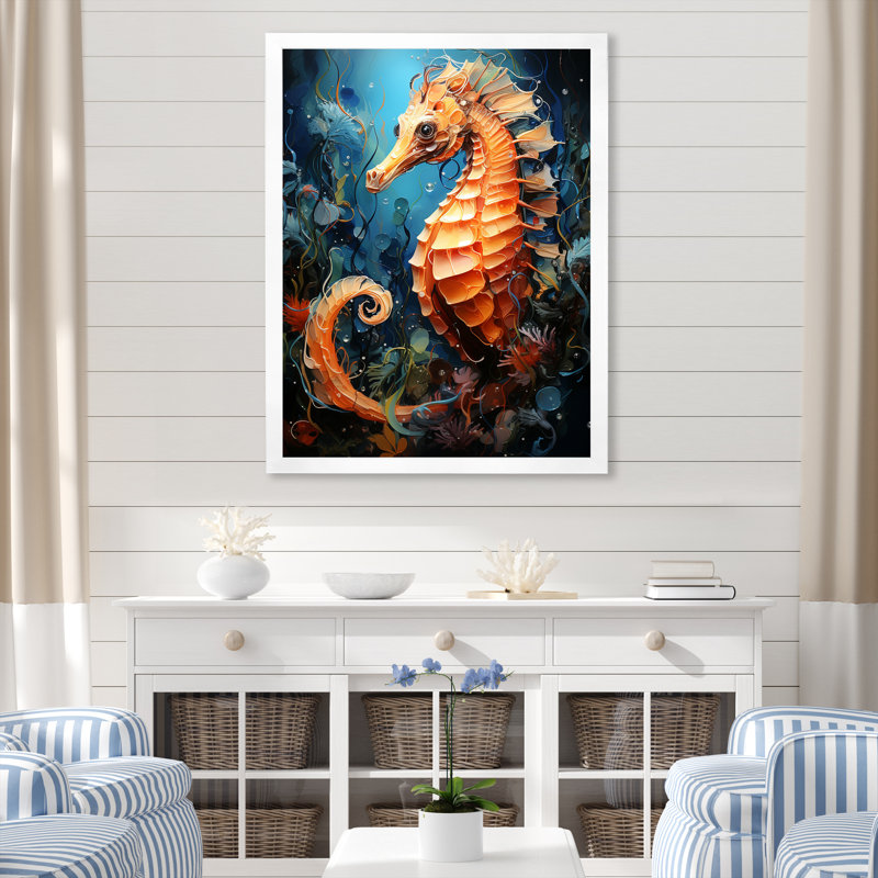Hippocampe orange et bleu Symphony 2, Cadre photo blanc, H 20 po x l 12 po x P 1 po