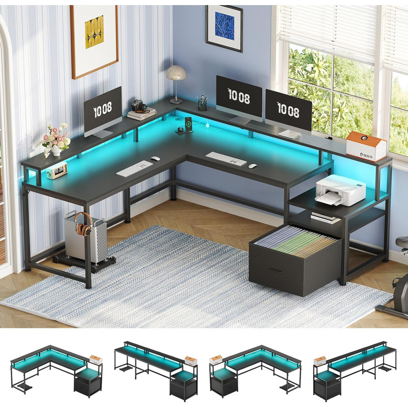 L-Shaped Computer Desk with Power Outlet, Black