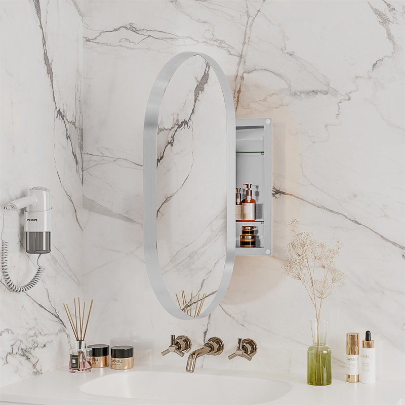 Armoire à pharmacie encastrée ovale 20 po x 34 po, armoire de salle de bain murale en métal avec miroir et tablettes réglables, miroir mural avec rangement pour salle de bain