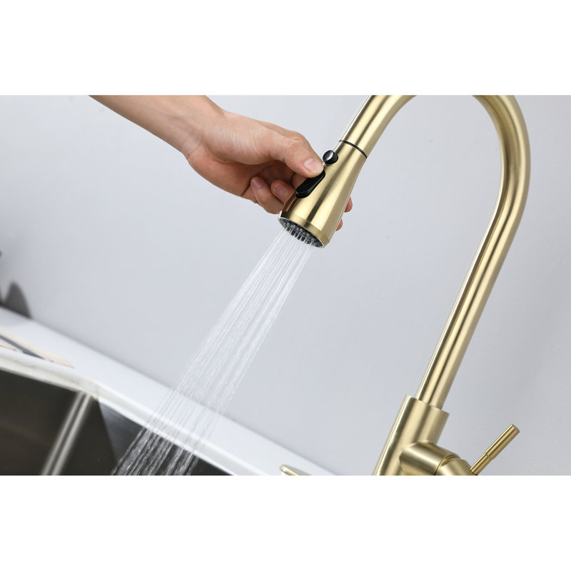 Brushed Gold Pull-Out Spray Kitchen Faucet, Stainless Steel Constitution, 360 Rotatable Nozzle, Corrosion & Rust Property