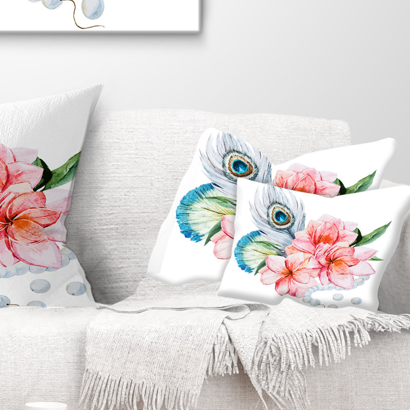 Coussin floral avec plumes de paon, Oreiller européen, 12 po x 20 po