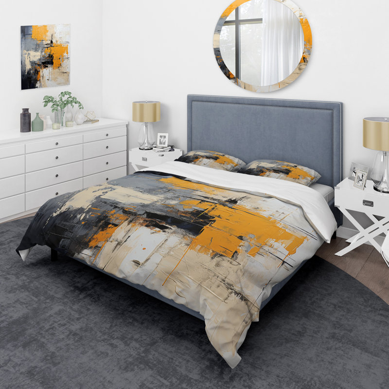 Ensemble de housse de couette gris et jaune Elegance I - Abstract Collages, Housse de couette pour très grand lit