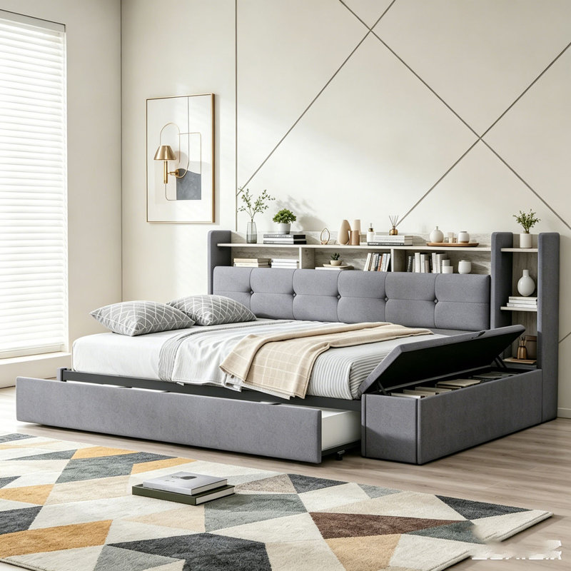 Full Upholstered Daybed with Trundle, Shelves, and USB Charging, Grey, Full / Double, Footboard Storage;Shelves