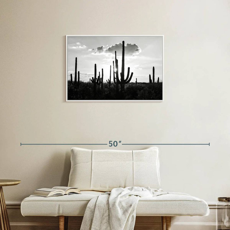 Arizona noir - Silhouettes de cactus, Cadre flottant blanc, 31 po x 21 po