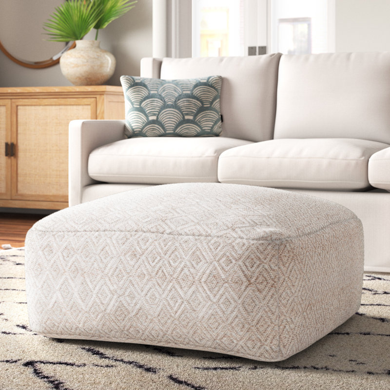 Iyanola 34'' Wide Square Geometric Pouf Ottoman, Beige/Brown