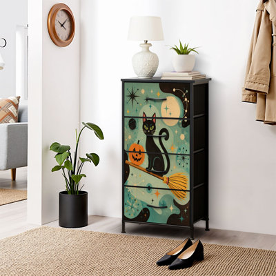 Commode à 4 tiroirs pour chambre à coucher, motif chat noir atomique, étoile turquoise, lanterne en forme de O, style abstrait, largeur moyenne, plateau en bois et structure en fer robuste, 45,7 cm (L) x 95,2 cm (H)