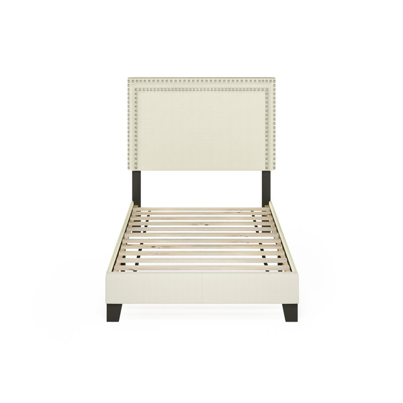 Lit plateforme tapissier à profil bas Carlester, Simple, Crème, 100 % lin