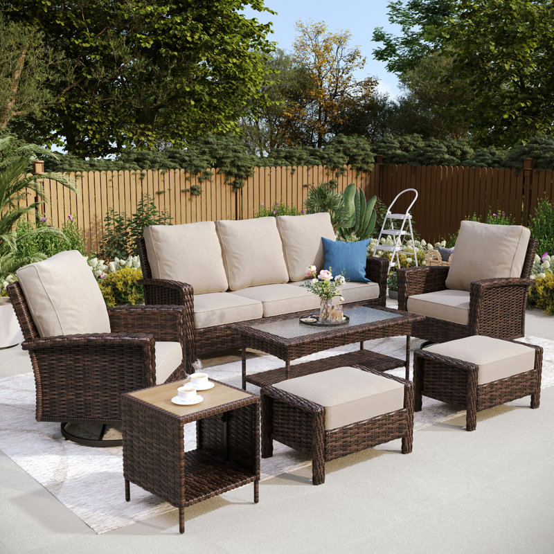 Ensemble de conversation d'extérieur en osier pour terrasse, Beige, Oui
