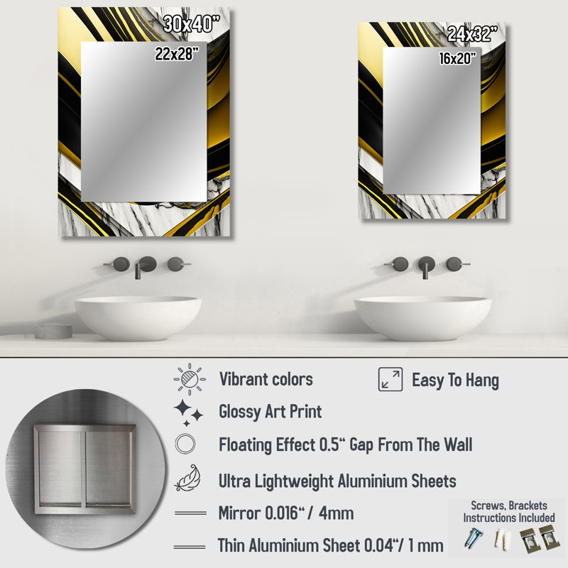 Abstrait Geode Marble Waves Gold I - miroir abstrait, miroir mural décoratif doré, impression sur métal, 32 po x 24 po