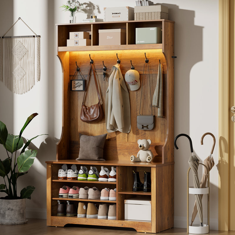 Hall Tree 39.4'' Wide With Bench, Shoe Storage And LED Light Strip