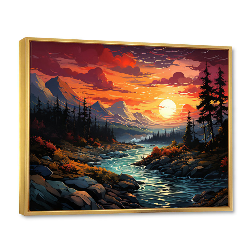 «Planets Sunset On Mountain II», reproduction sur toile, Cadre flottant doré, H 30 po x l 40 po x P 1,5 po
