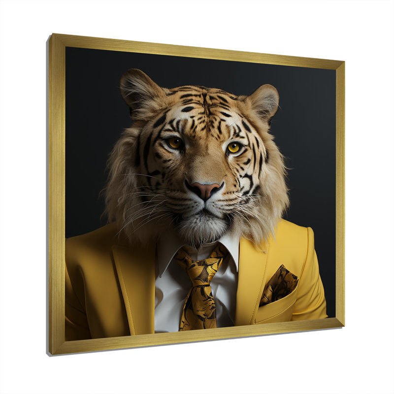 Jaune assorti, lion I - art mural lion, Cadre doré simple, H 30 po x l 30 po x P 1,5 po