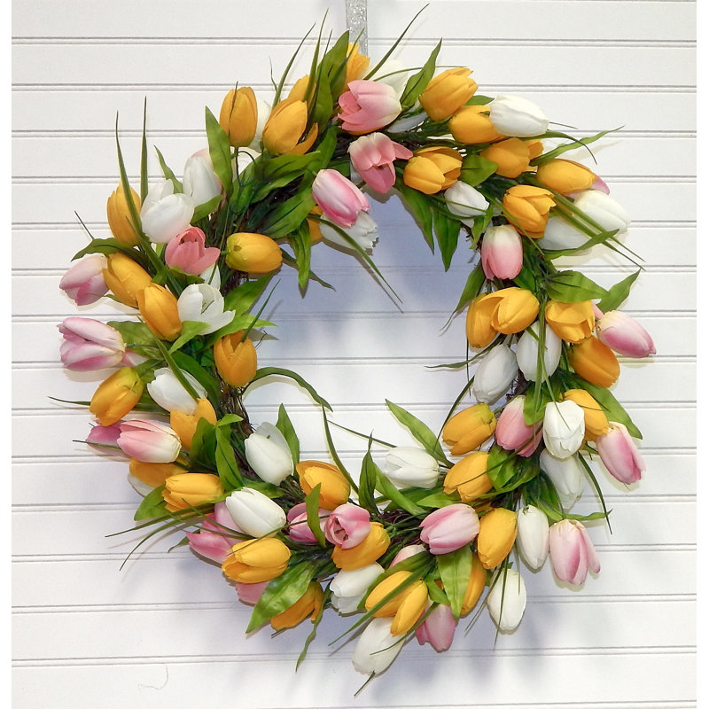 Couronne luxueuse en polysilk fleur de tulipe, H 22 po x l 22 po x P 6 po, Jaune