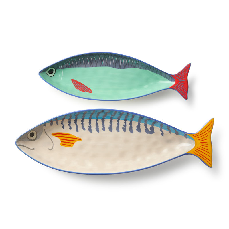 Ensemble de plateaux de poissons en porcelaine à 3 dimensions Quelque chose de poisson, 2 plateaux de service sculptés de style bord de mer aux rayures audacieuses, idéaux pour les hors-d'œuvre, les tartinades de fruits de mer, les repas d'été, les réceptions sur la plage