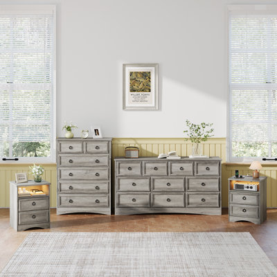 4 Pieces Bedroom Set Include 10 Drawer Dresser, Tall6 Drawer Tall Chest And 2pcs Matching Nightstands With Charging Station ,gray Wash